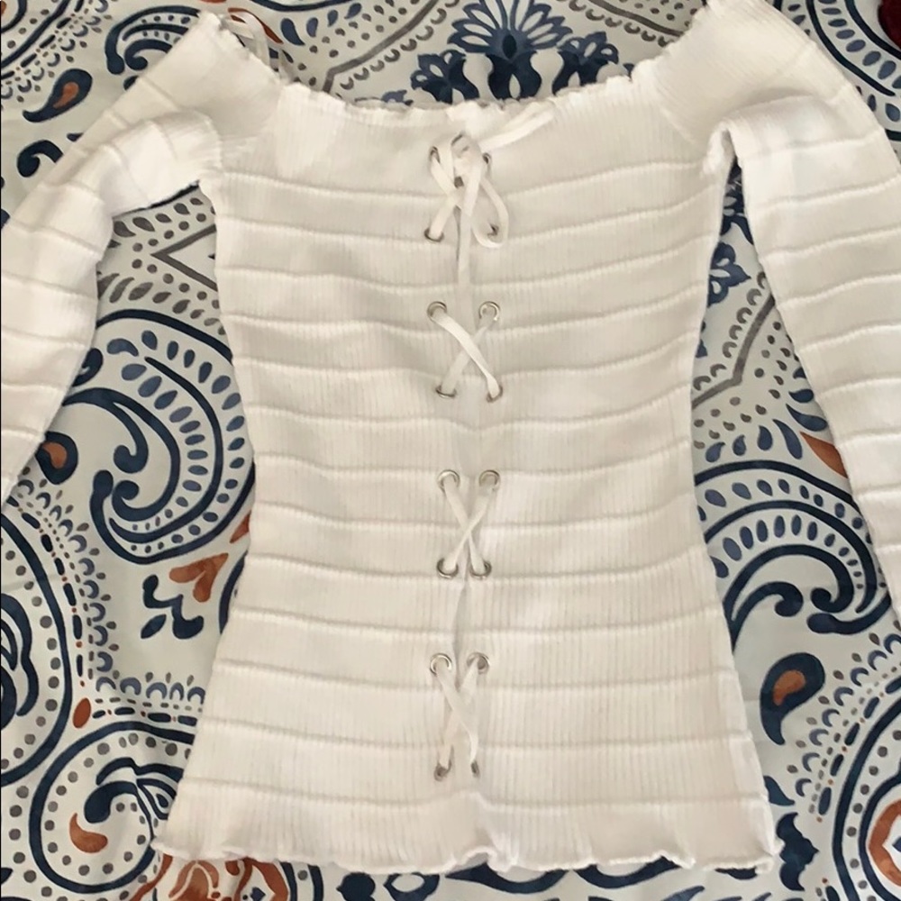 Long sleeve lace up detail off the shoulder top